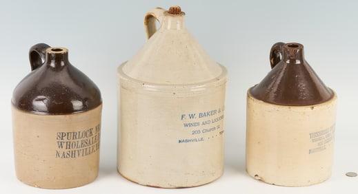 Three Nashville Stoneware Pottery Whiskey Jugs