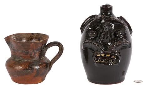 NC E.J. Brown Pottery Face Jug & Southern Pottery Cream Pitcher