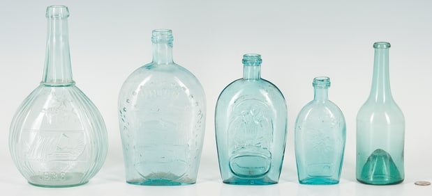 4 Historical Glass Flasks plus 1 Early Glass Bottle