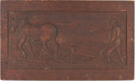 Folk Art Carved Panel, Man with Plow