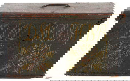 Folk Art Painted Box with Handwrought Iron Mounts