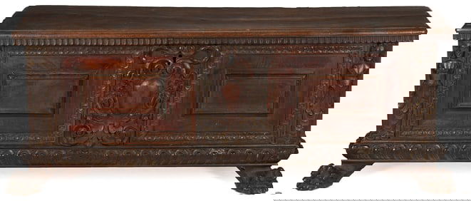 Italian Relief Carved Walnut Cassone, Paw Feet