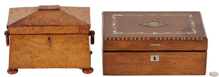 English Burl Wood Tea Caddy plus Inlaid Letter Box