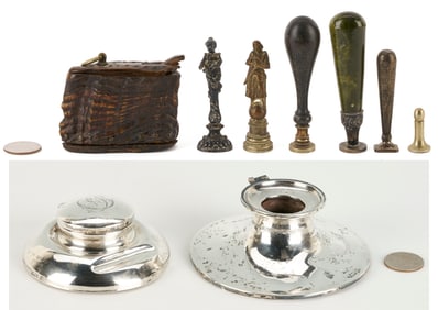 8 Desk Items incl. Wax Seals, Inkwells, Snuff Box, SC History