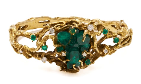 Vintage Ladies' 14K Gold Custom Design Brutalist Style Emerald Crystal & Diamond Hinged Bangle