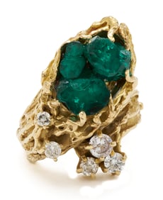 Vintage Ladies' 14K Gold Custom Design Brutalist Style Emerald Crystal & Diamond Ring