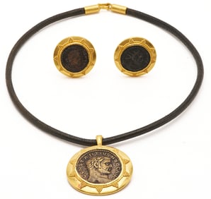 Ladies' 24K Gold Greco Roman Coin Necklace Brooch & Earrings Set
