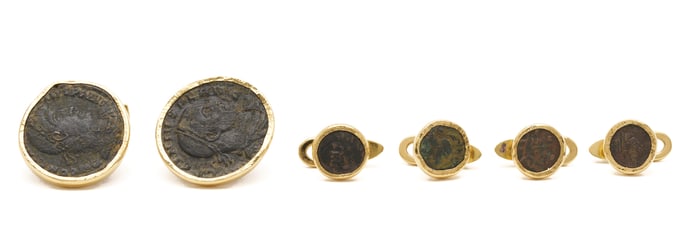 Gent's 18K Gold Ancient Greek Coin Cufflinks & Stud Set