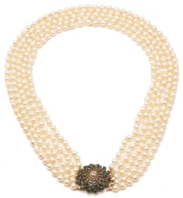 Ladies' Vintage 5 Strand Akoya Pearl Necklace with 14K Gold Sapphire & Diamond Clasp