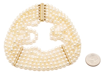 Ladies' 6 Strand Akoya Pearl Choker Necklace with 18K Gold Diamond Bars & Clasp
