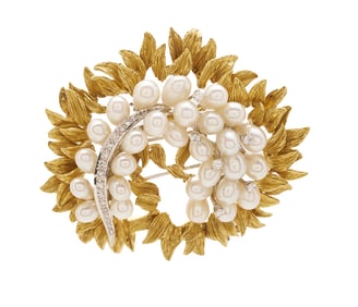 Ladies' Vintage 18K Gold, Pearl, & Diamond Floral Brooch & 18K Enhancers