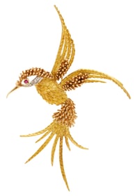 Ladies' Vintage 18K Gold, Diamond, & Ruby Bird Brooch