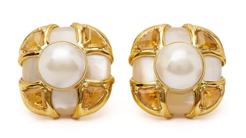 Ladies' 18K Gold Mother of Pearl & Citrine Designer Earrings