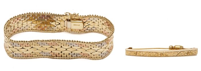2 Gold Jewelry Pieces; 14K Gold Bracelet and Bar Pin Brooch