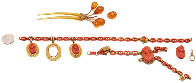 Gold & Victorian Red Coral Cameo Jewelry Fragments plus Hair Comb