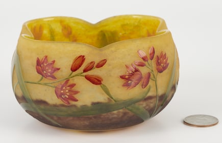 Daum Nancy Cameo Enameled Art Glass Crimped Bowl