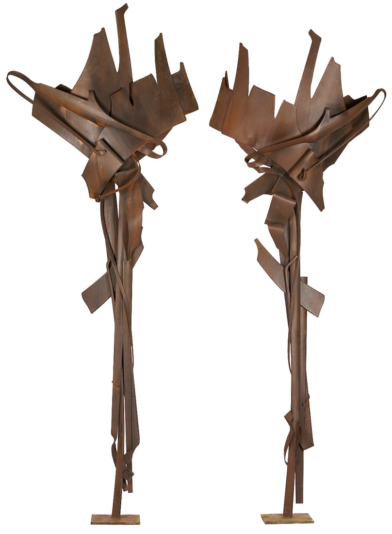 Pair of Albert Paley Large Landscape Sculptures: Two (2) Albert Paley (American, b. 1944) large-scale landscape sculptures composed of intertwined layers of fabricated steel with a "naturally rusted" applied patina, supported on square bases and mea