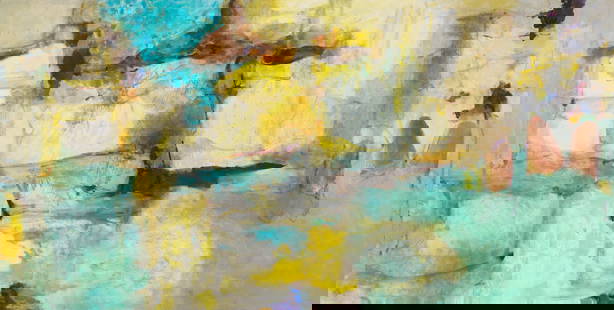 Large Terrell James Abstract O/C, Rain: Terrell James (Texas, b. 1955) abstract oil on canvas painting in turquoise, yellow, and earth tones and titled Rain, 2007. With areas of thin scumbling juxtaposed with passages of impasto. Signed, da