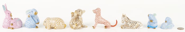 8 Herend Porcelain Figurines: Rabbits, Dog, Horse & Bear