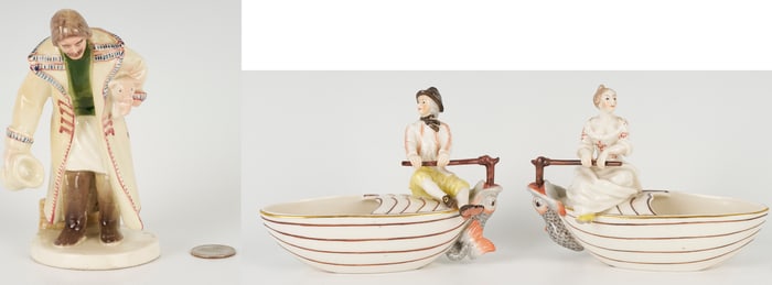 Polish Faience Porcelain Figure of Man with Pig, Plus Pair of Nymphenburg Salts