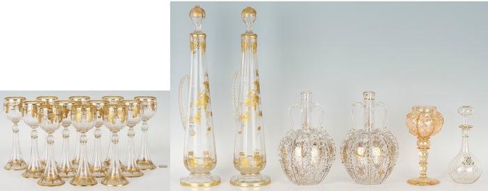 18 Gilt Glass Goblets and Decanters