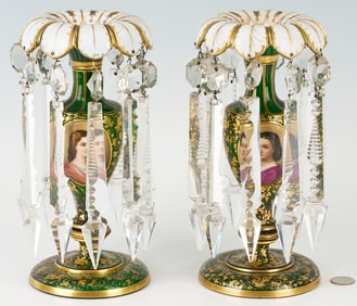 Pair of Green Portrait Glass Lustres