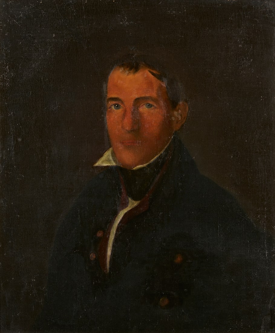Wm. Scarborough TN Portrait of John S. Gaines: Portrait of John Strother Gaines (VA or NC/TN, 1794 - 1879) by William Harrison Scarborough (TN/SC, 1812-1871), oil on canvas, circa 1833. Gaines is depicted as a younger man, seated and gazing direct