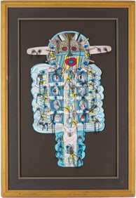 Sammie Nicely Mixed Media Collage Cutout in Blue & Red, African Totem Pole
