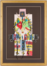 Sammie Nicely Mixed Media Collage Cutout in Red & Yellow, African Totem Pole