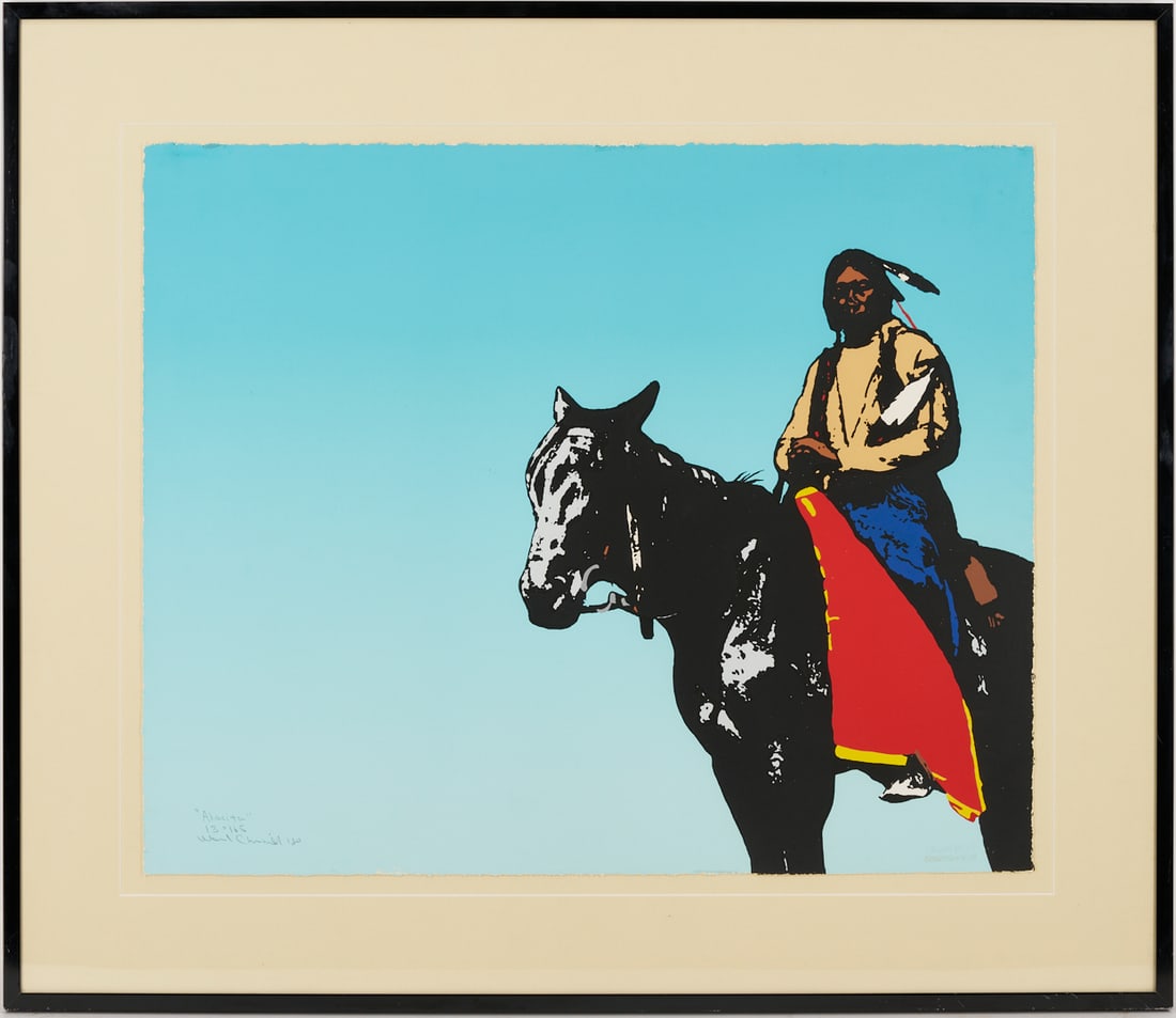 Ward Churchill American Indian Serigraph, Akacita: Ward Churchill (American, b. 1947) screenprint titled "Akacita" depicting a Native American man astride a horse and set against a pale blue background, 1980. Titled, numbered 13/165, and signed lower