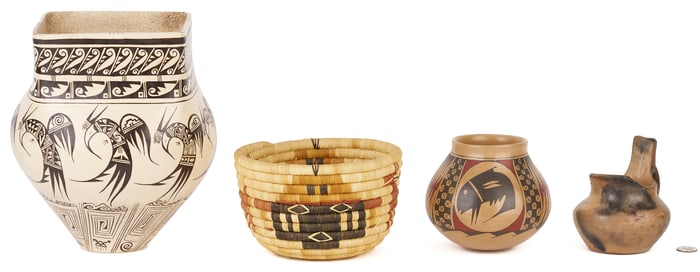 3 Native American Pottery Items & 1 Basket