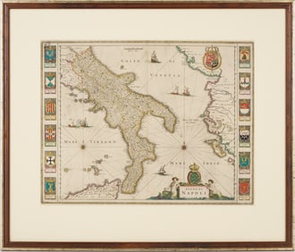 J. Blaeu 1640 Map of Naples, Italy with Heraldry