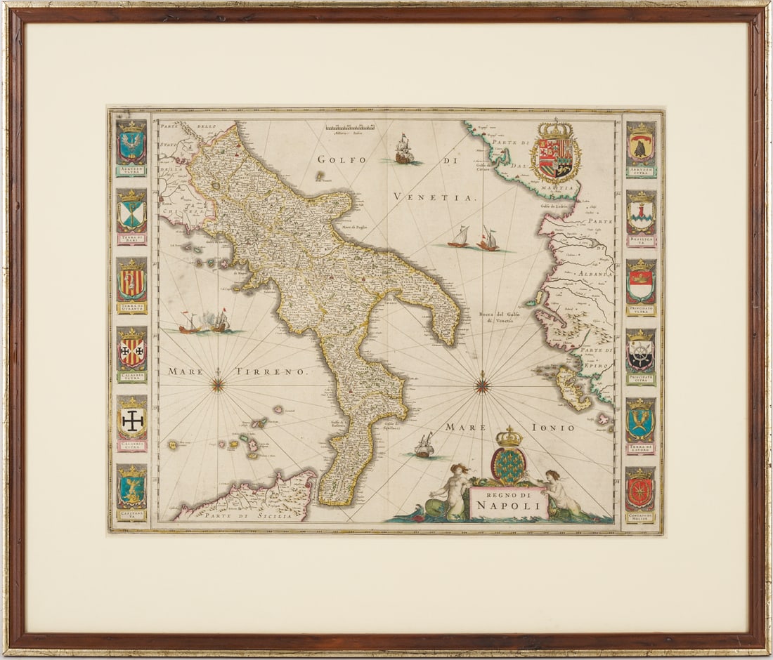 J. Blaeu 1640 Map of Naples, Italy with Heraldry (1 of 13)