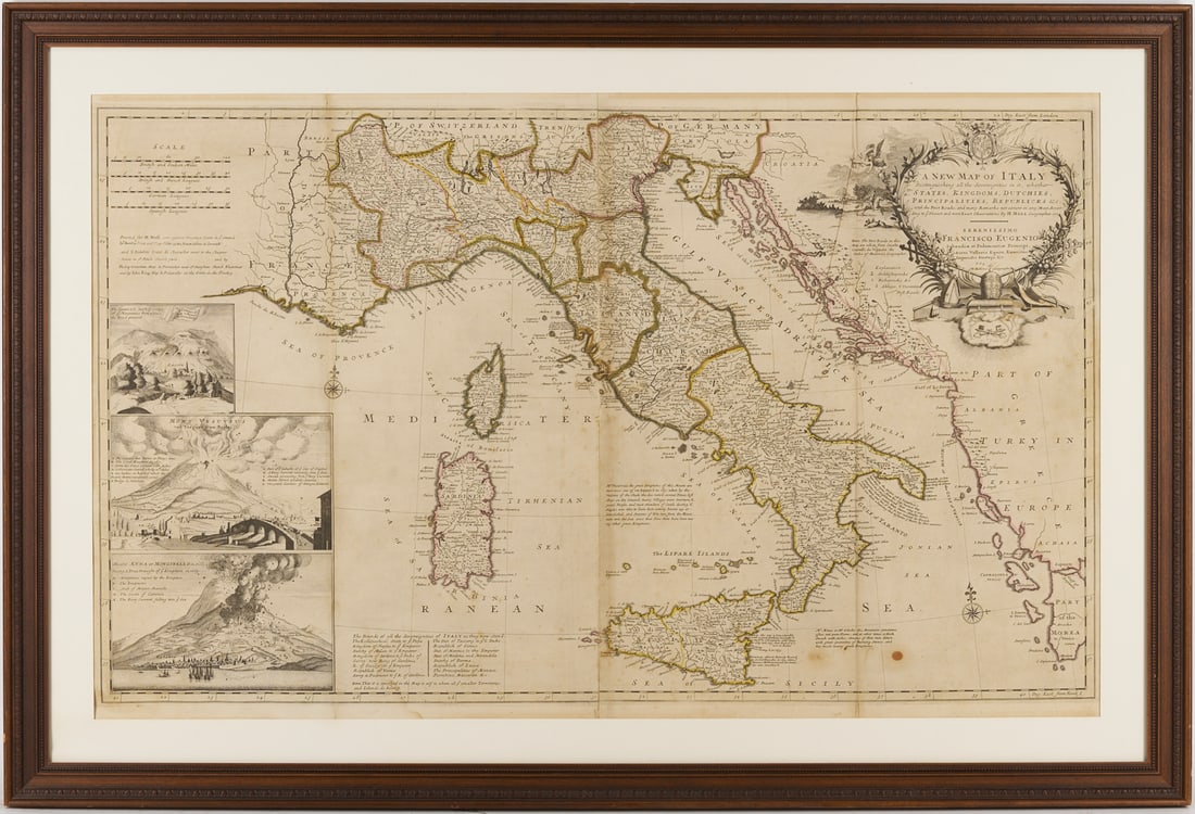 Moll 1714 Map of Italy, with Erupting Volcanos (1 of 13)