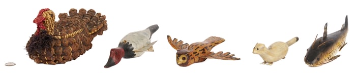 4 Folk Art Carved Lures/Animals & Coushatta Pine Cone Basket