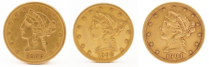 Three (3) $5 Liberty Gold Coins