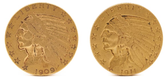 Two (2) $5 Indian Gold Coins, 1909 and 1911