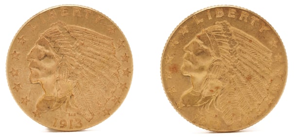 Two (2) 1913 $2 1/2 Indian Gold Coins