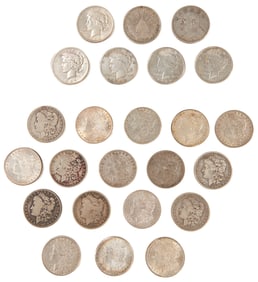 Group of 17 US Morgans, 5 Peace Silver Dollars, Yaun Shikai Dollar & Mexican Peso