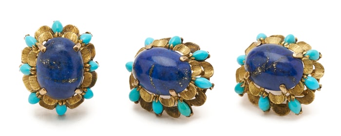 Ladies' Vintage 18K Gold, Lapis, & Turquoise Earrings & Ring Set