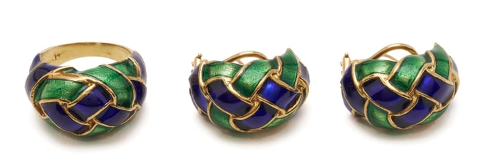 Ladies' Vintage 14K Gold Blue & Green Enamel Earrings & Ring Set
