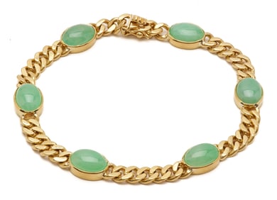 Ladies' Vintage 18K Gold Flat Curb & Jadite Jade Bracelet