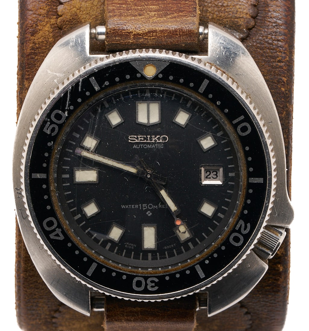 1972 Seiko 6105-8110 "Captain Willard" Diver Watch: Seiko Model 6105-8110 "Captain Willard" diver watch, serial number #280191 Japan A. 40mm dial. Fitted with a tooled leather band measuring 9" L. Note: Seiko first manufactured this model in 1968 and i
