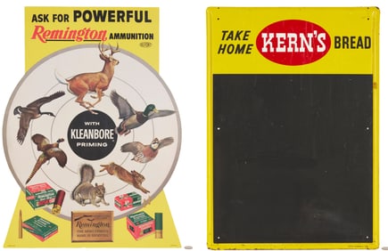 2 Advertising Signs: Remington Ammo and Kerns Bakery