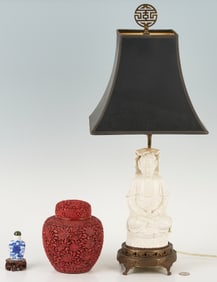 3 Chinese Items: Lamp, Snuff Bottle, Cinnabar Jar