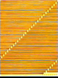 Large Frederick Wardy Abstract Acrylic Painting, New York 56: Frederick Julian Wardy (California/New York, b. 1934) abstract acrylic on canvas painting titled "New York 56" with horizontal blue, green, orange, and red stripes that run beneath a dominant layer