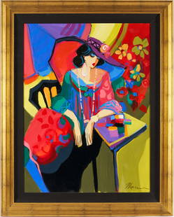 Isaac Maimon Painting, Seated Woman: Isaac Maimon (Israel, b. 1951) acrylic on canvas painting depicting a fashionable woman seated at a small table and rendered in vivid colors. Signed "Maimon," lower right. Housed in a giltwood frame