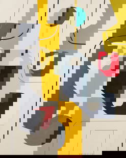 Large Rose Masterpol Abstract Painting, Music: Large Rose Masterpol (American, 20th/21st c.) acrylic on canvas geometric abstract painting titled Music, with soft- and hard-edged translucent forms including yellow, red, and blue shapes, along