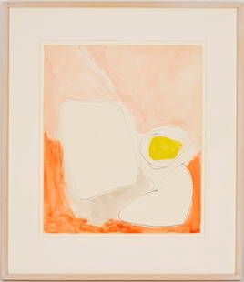 Gene Davis Pen, Ink, & Watercolor Abstract Painting: Gene B. Davis (American/District of Columbia, 1920-1985) ink, pen, and watercolor painting on paper abstract composition in shades of white, grey, and yellow against a background of light pink and
