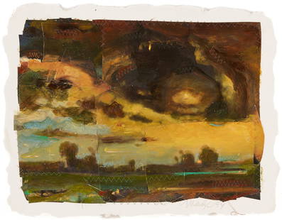 Michael Madzo Landscape Collage, It Was Something to See: Michael Richard Madzo (American, 1950-2023), "It Was Something to See," 1994, mixed media oil collage sewn to Rives paper with deckle edges. Depicts a pastoral landscape under a turbulent sky. Signed